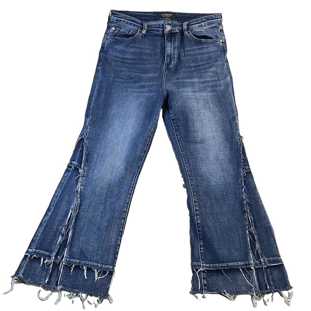 Liverpool LA Jeans Women 14 Blue Hi Rise Stretch Cropped Flare Distressed Frayed